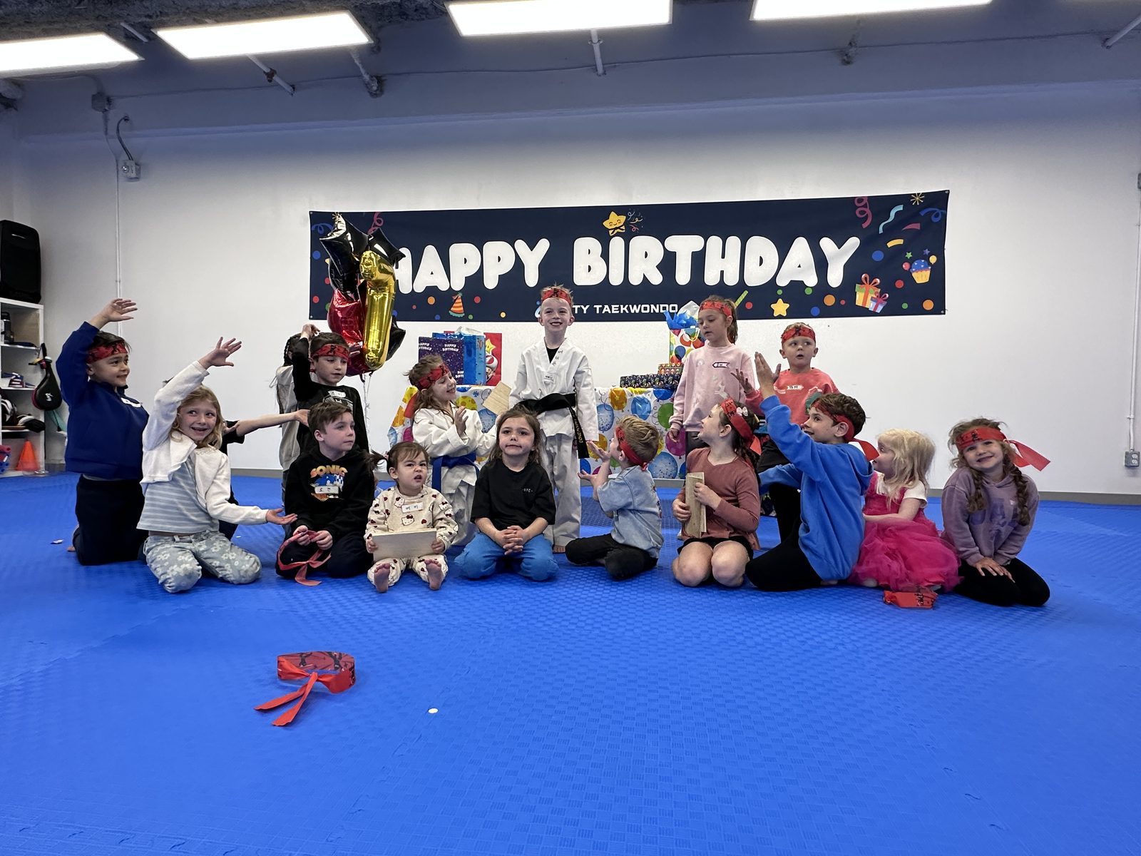 Children celebrating a Taekwondo birthday party at Unity Taekwondo Chilliwack